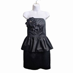 Lilly Pulitzer Mae Black Peplum Mini Dress Strapless Flower Ruffle Fitted 8